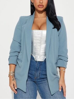 Light Blue Women's Draped Open Blazer Jacket from Fashion Nova